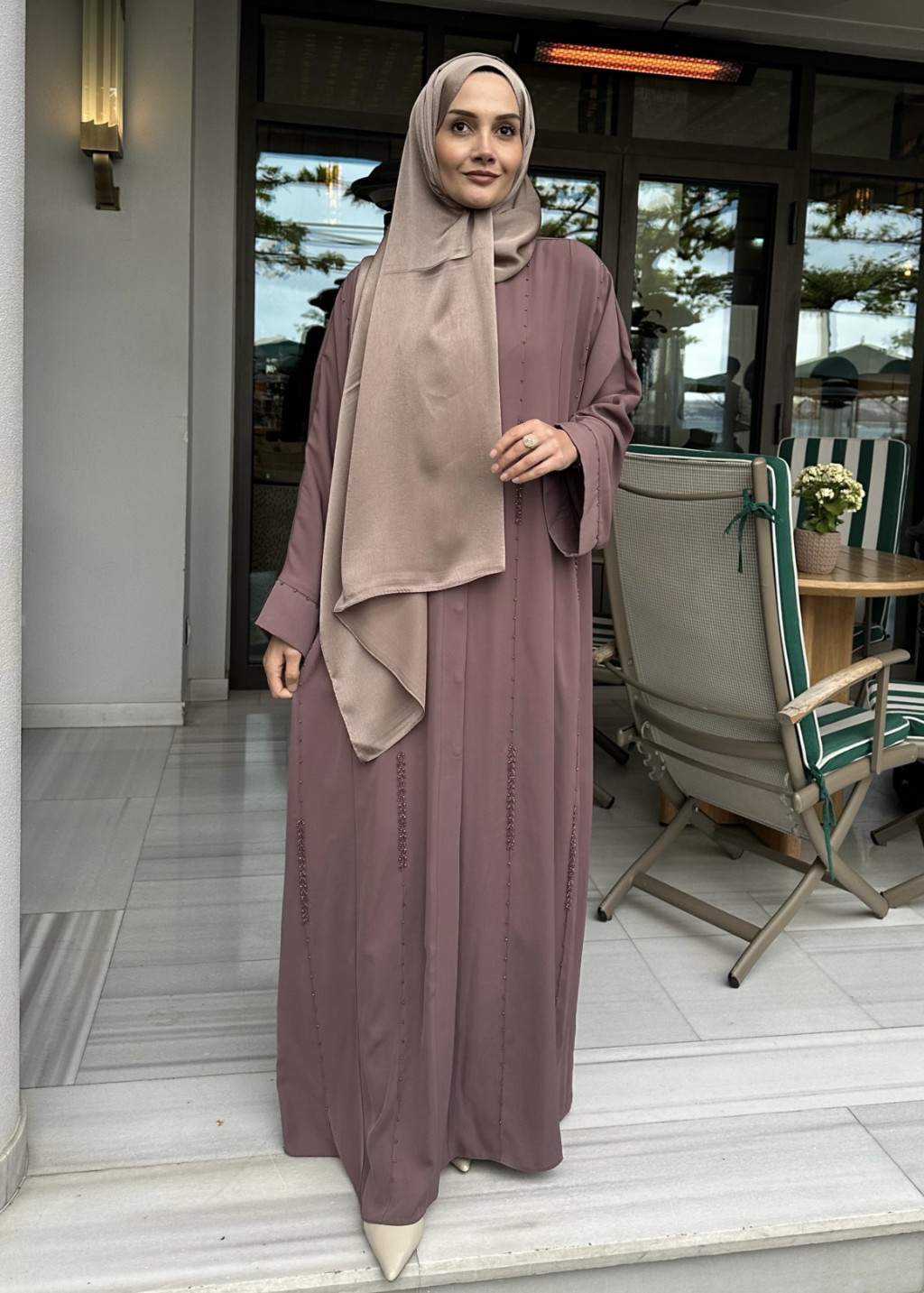 Aura Taşlı Abaya Gül Kurusu