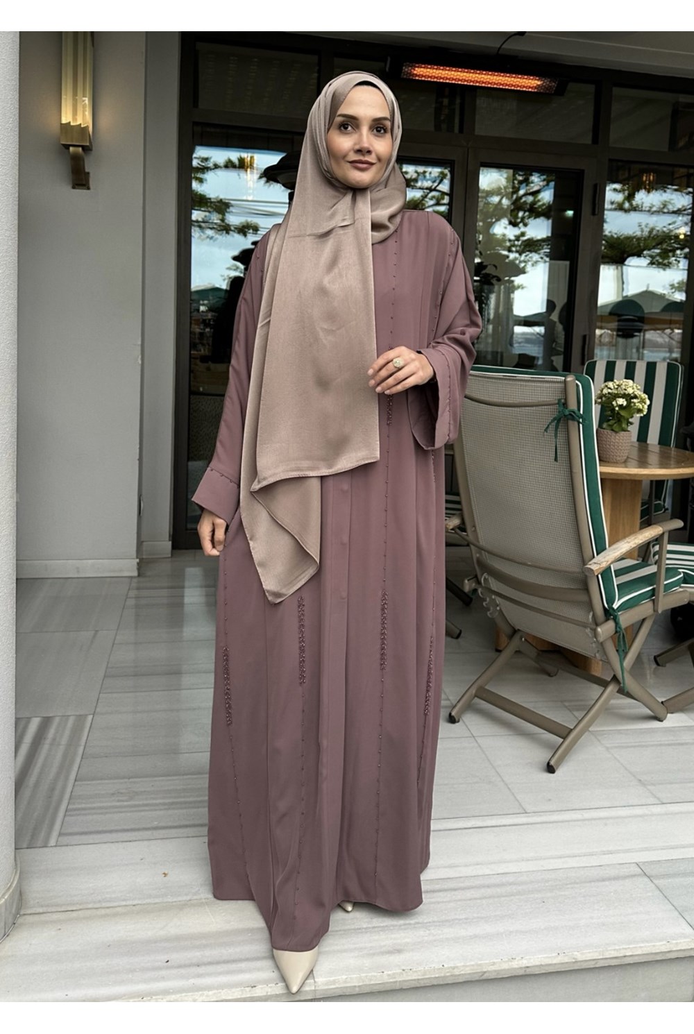 Aura Taşlı Abaya Gül Kurusu