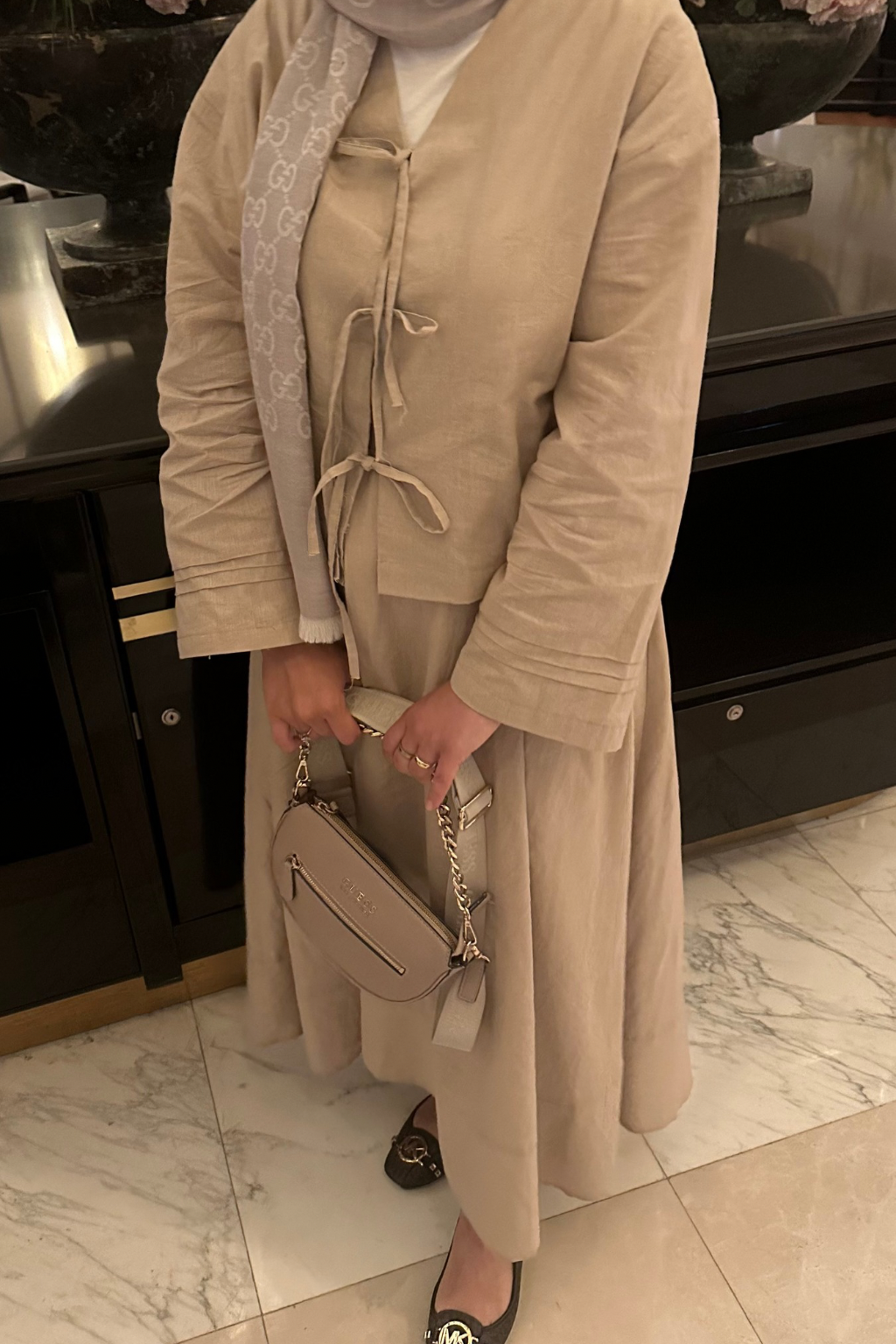 Bağlamalı Pamuk Keten Takım Krem