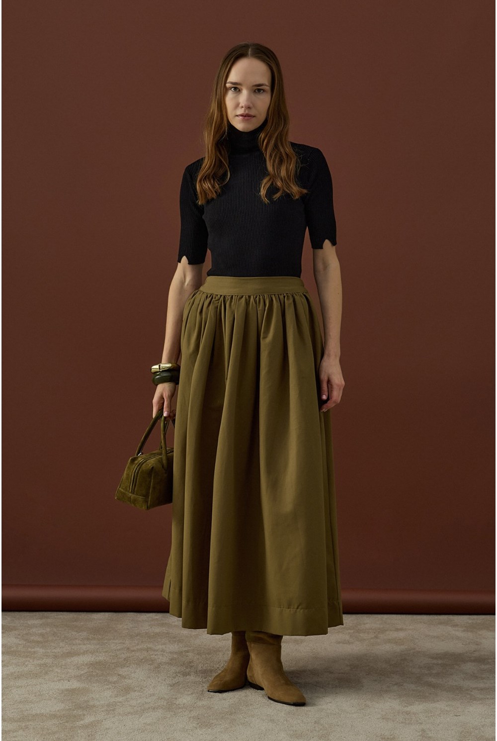 Büzgülü Pamuk Etek Haki 