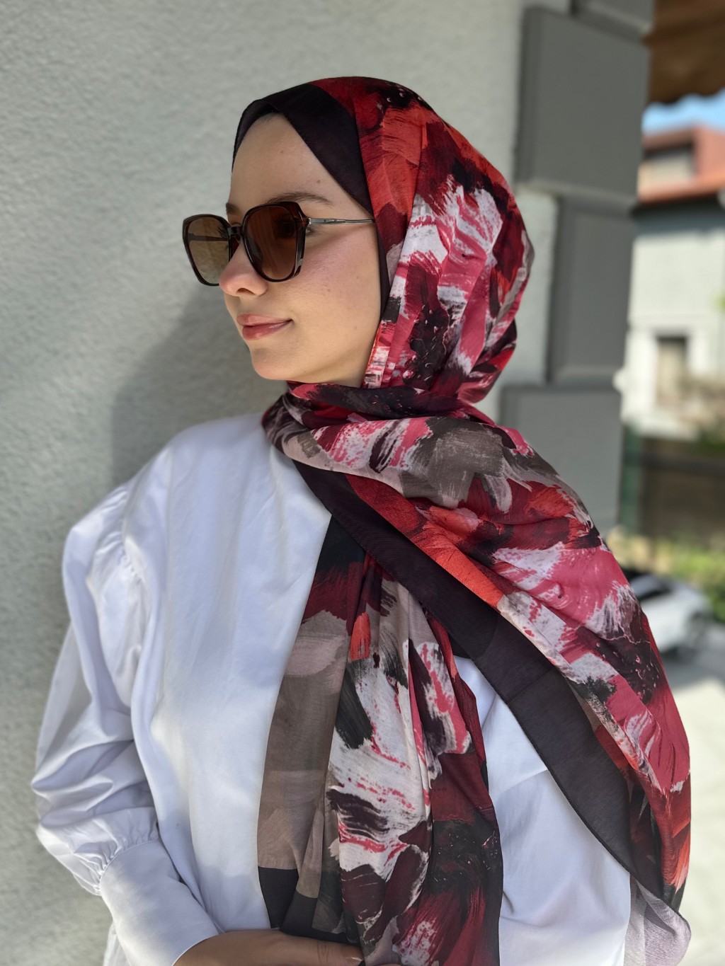 Çiçek Desenli Şal Kırmızı