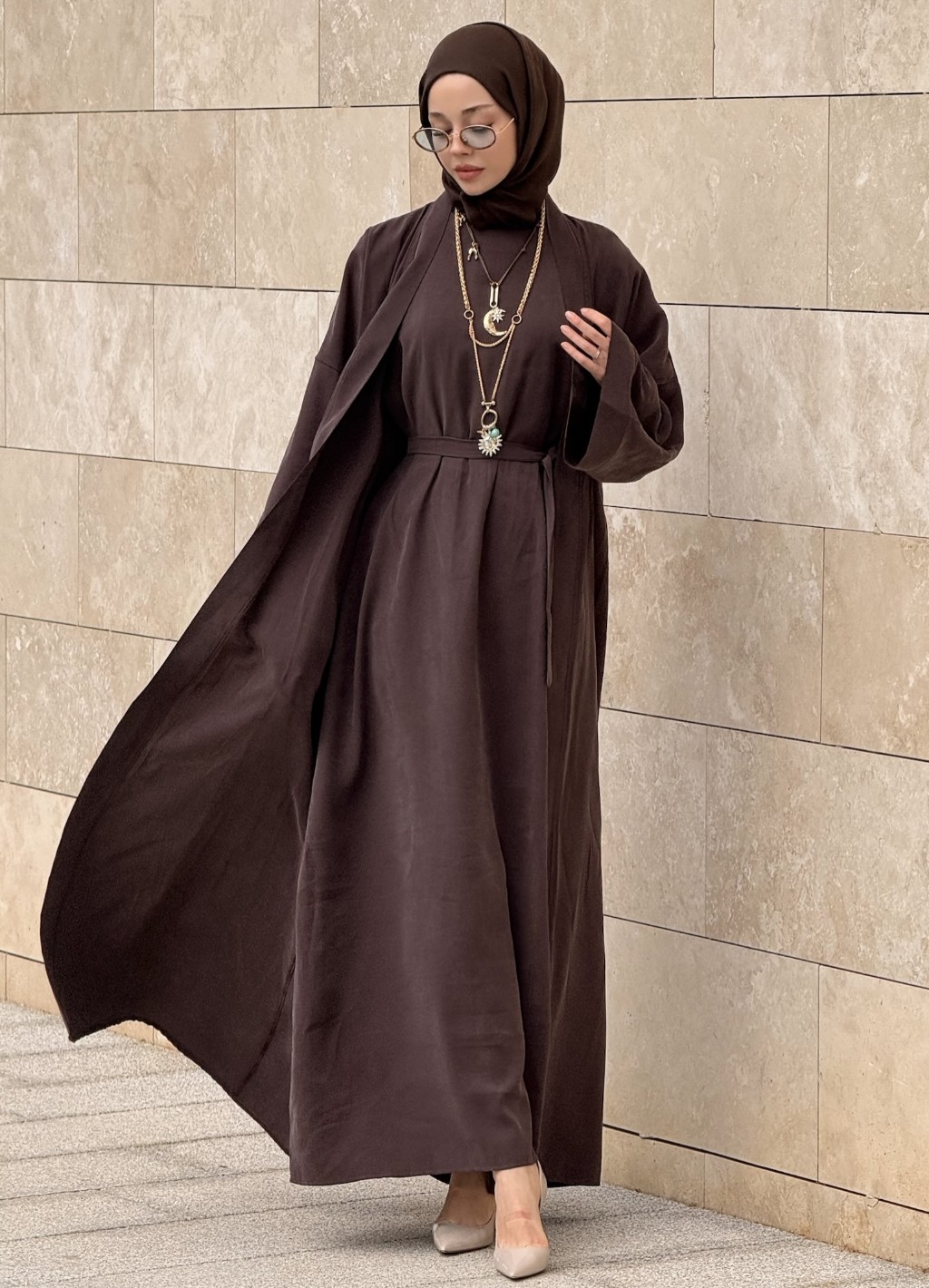  Cupra İç Elbiseli Abaya Kahverengi