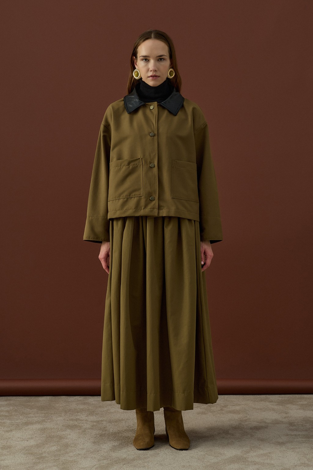 Deri Yaka Ceket Takım Haki