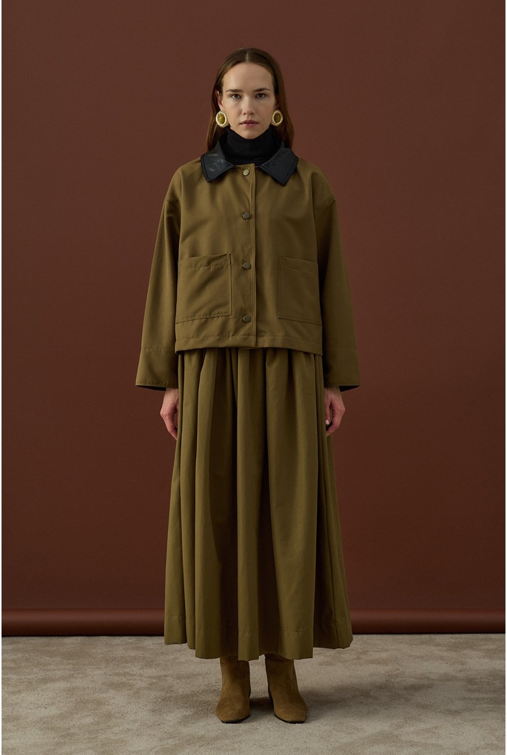 Deri Yaka Ceket Takım Haki