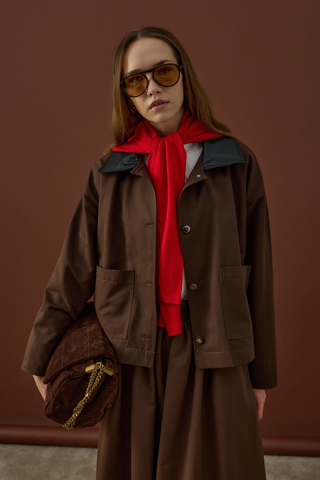 Deri Yaka Ceket Takım Kahverengi 