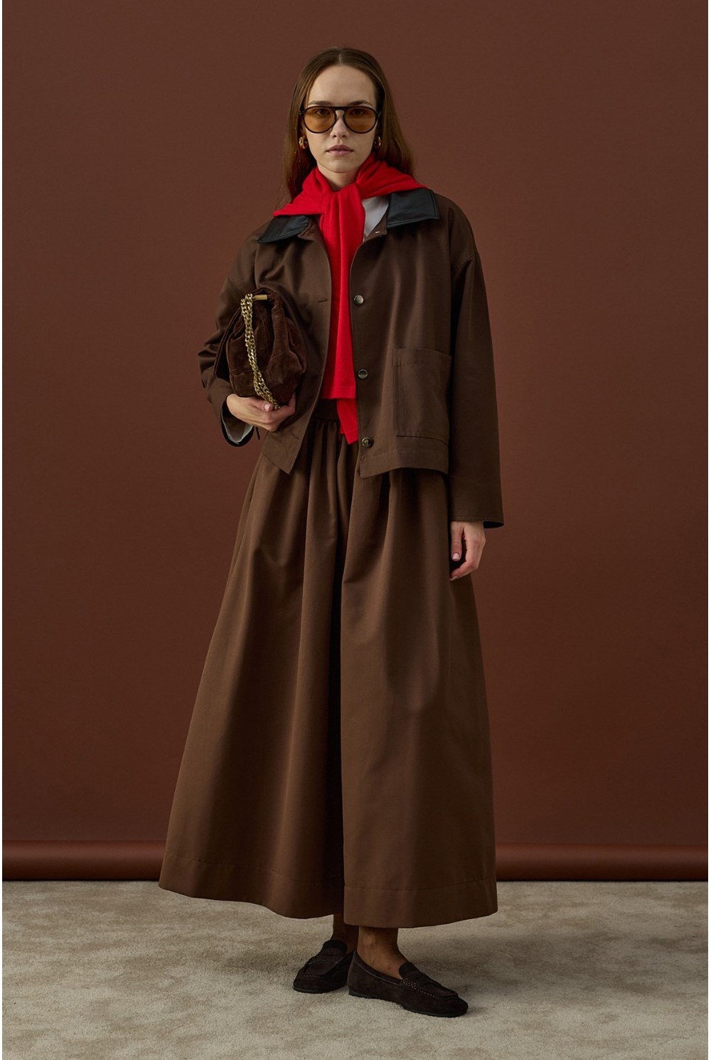 Deri Yaka Ceket Takım Kahverengi 