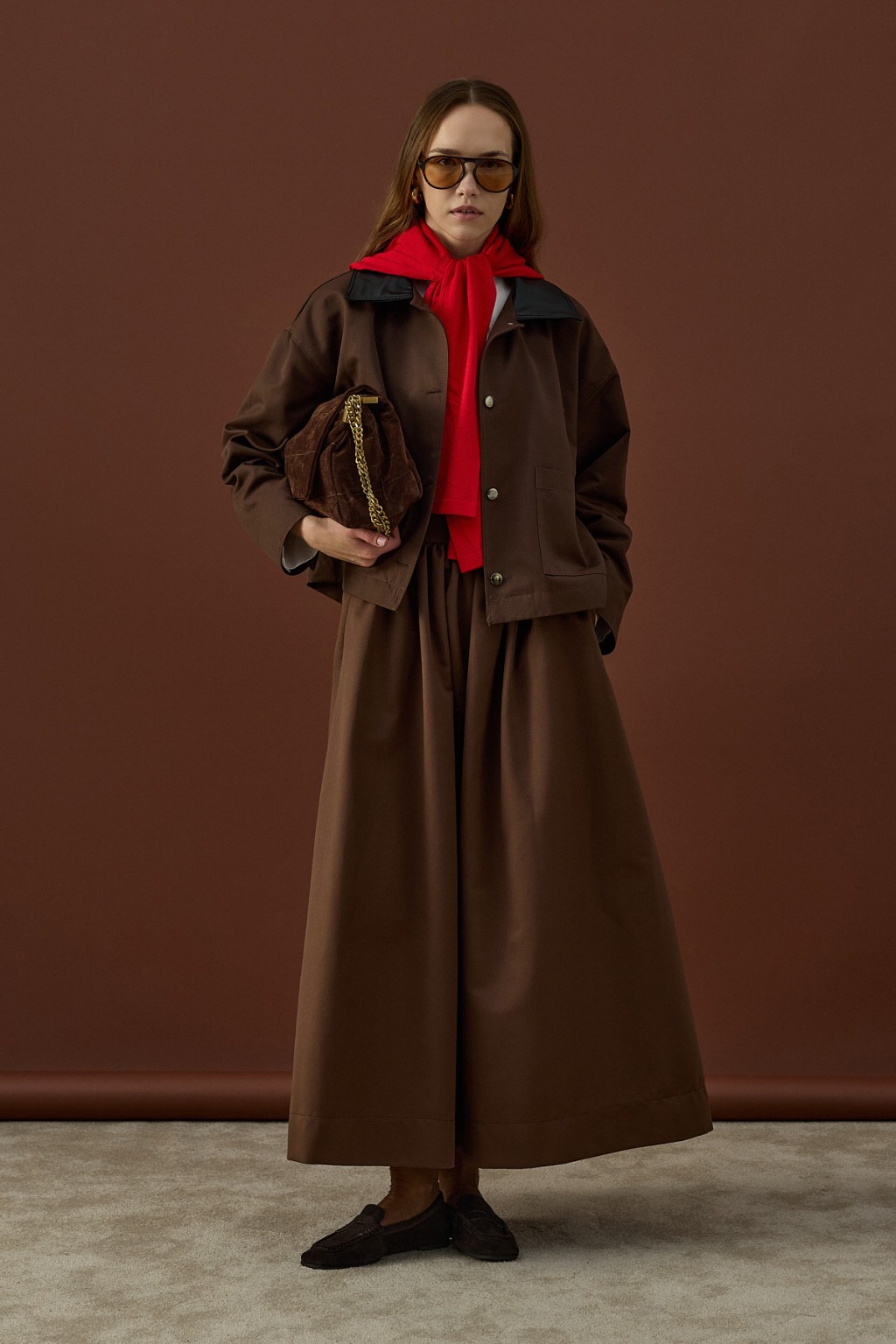 Deri Yaka Ceket Takım Kahverengi 