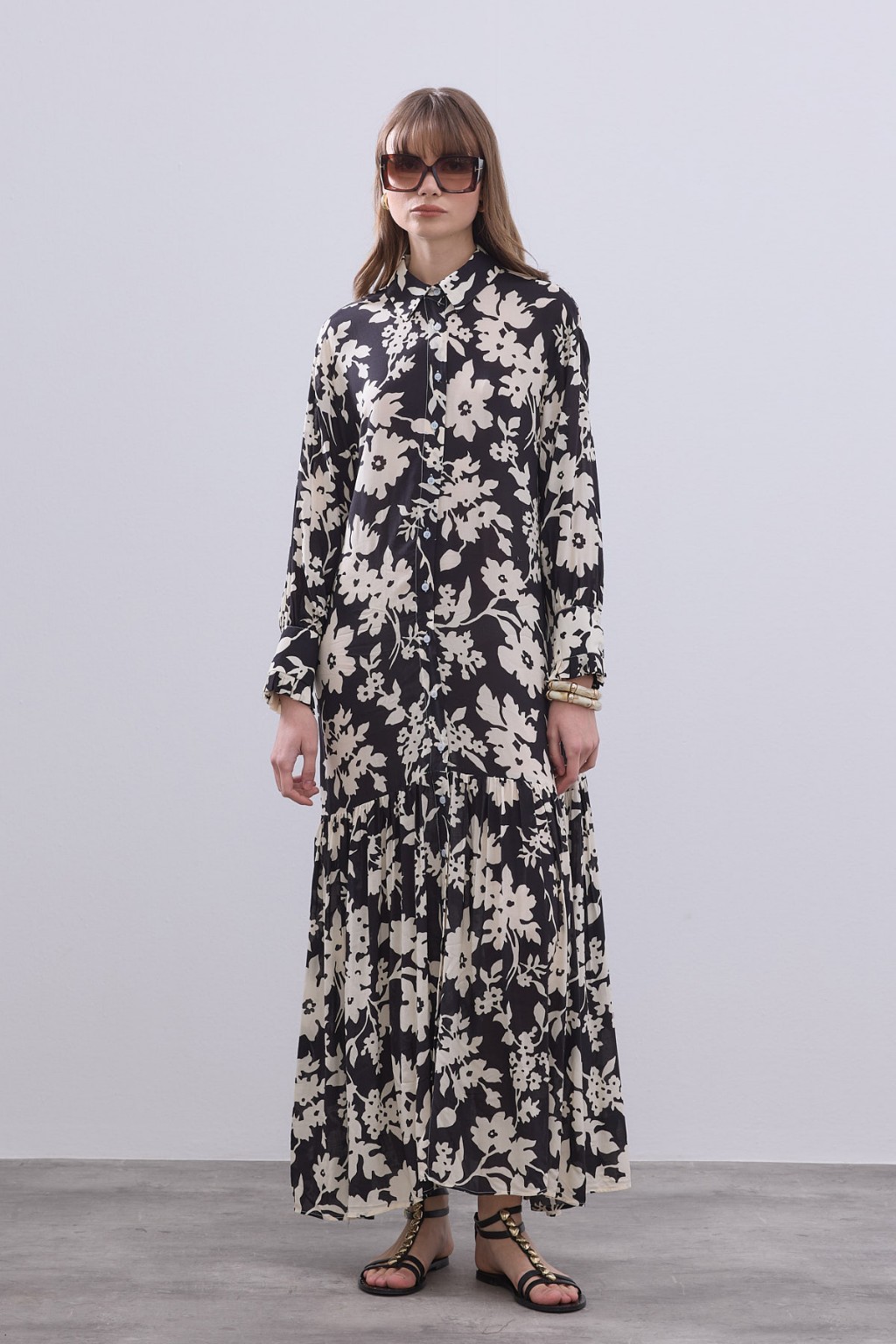 Desenli Pamuk Viskon Elbise Siyah