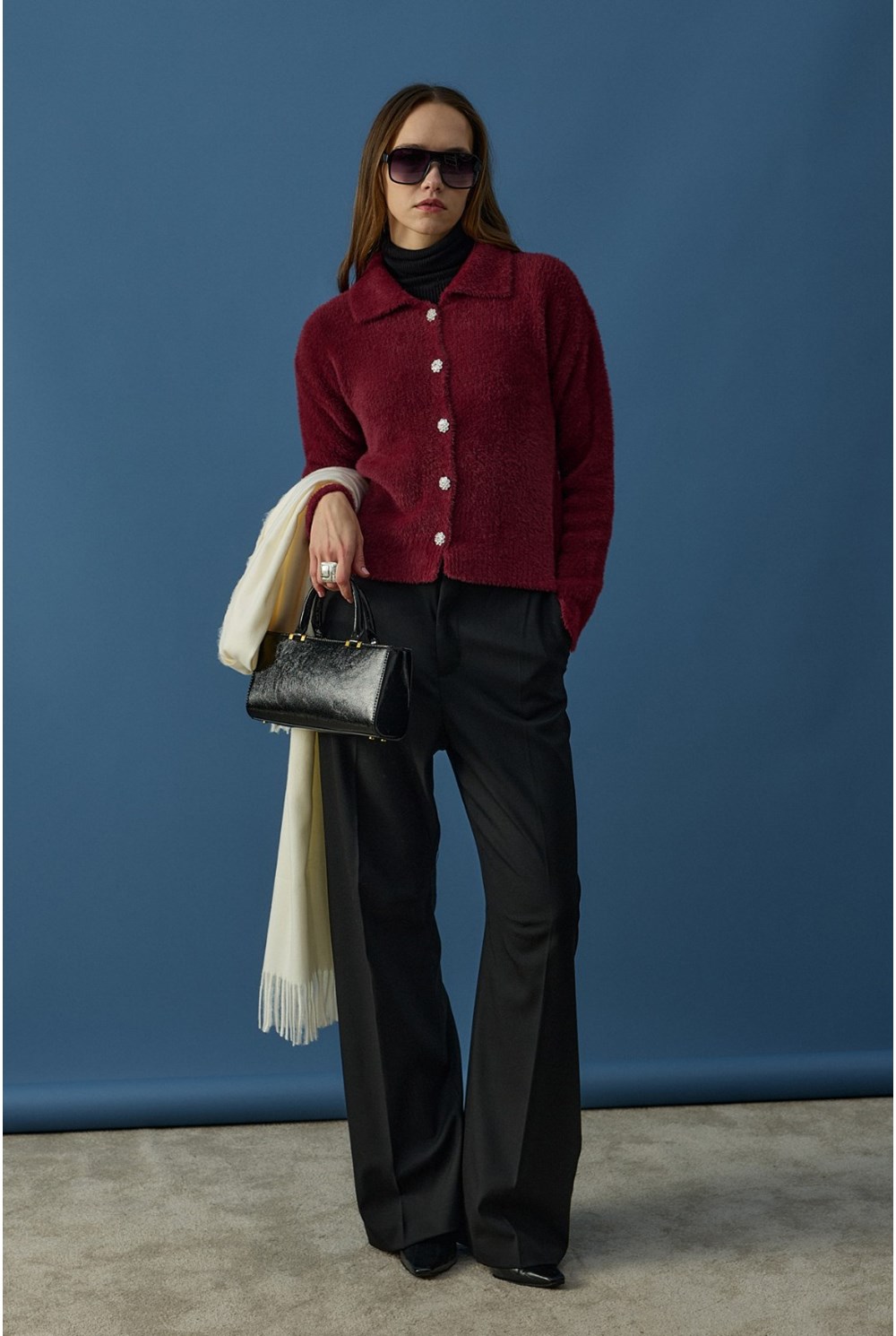 Düğme Detaylı Soft Hırka Bordo