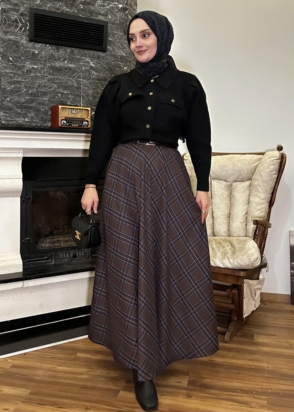 Ekose Kloş Etek Kahverengi 