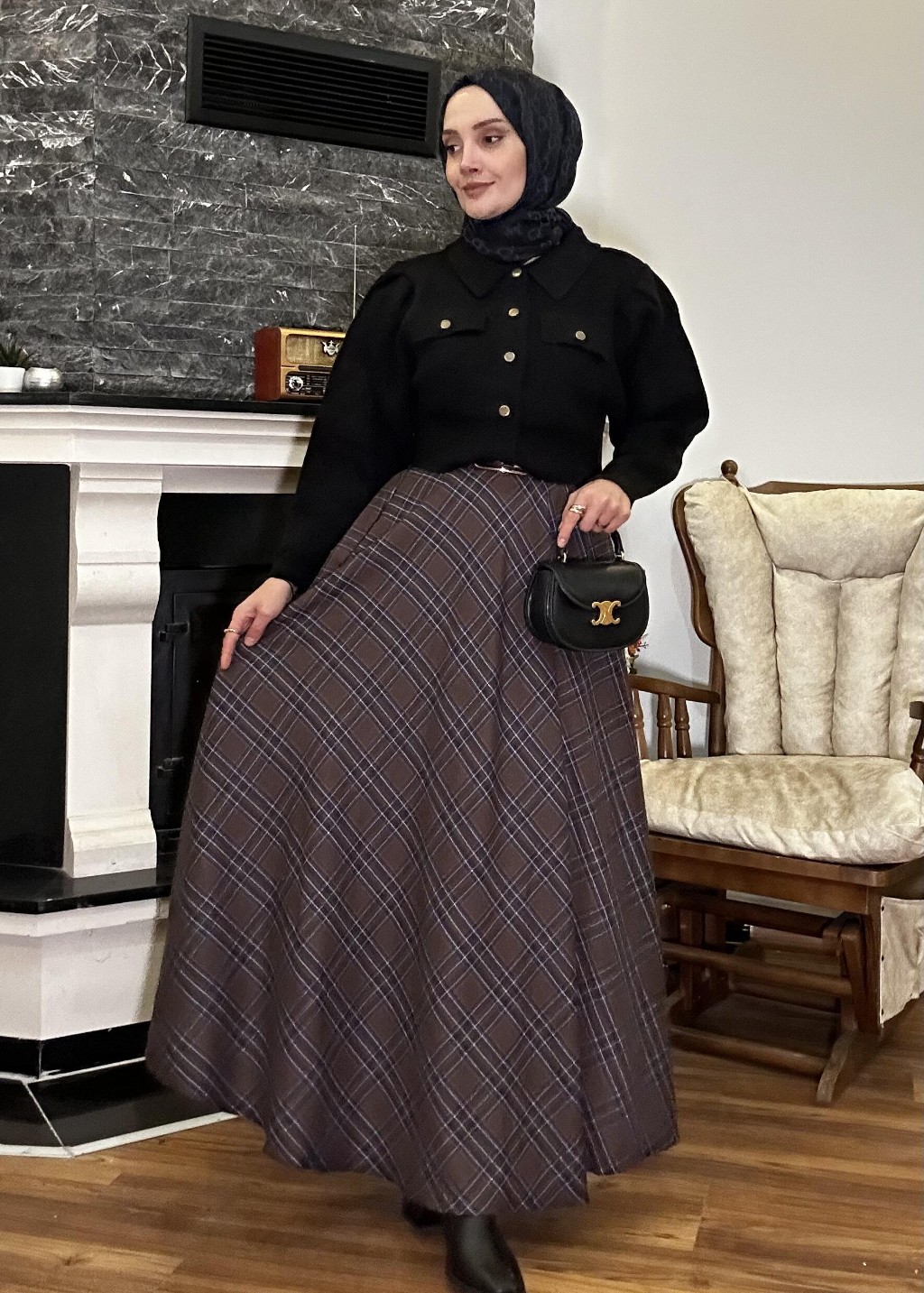 Ekose Kloş Etek Kahverengi 