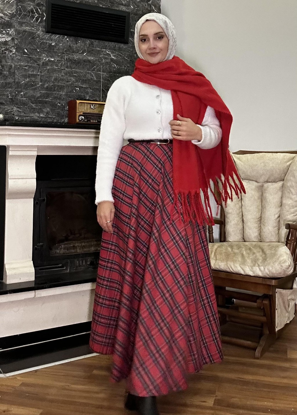 Ekose Kloş Etek Kırmızı