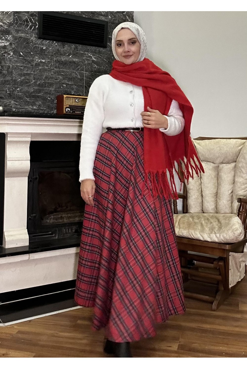 Ekose Kloş Etek Kırmızı