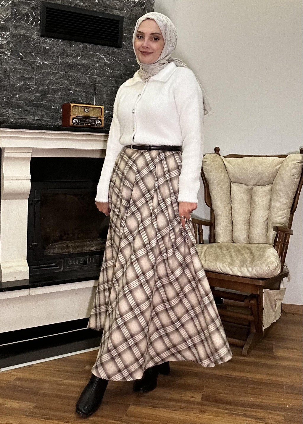 Ekose Kloş Etek Krem