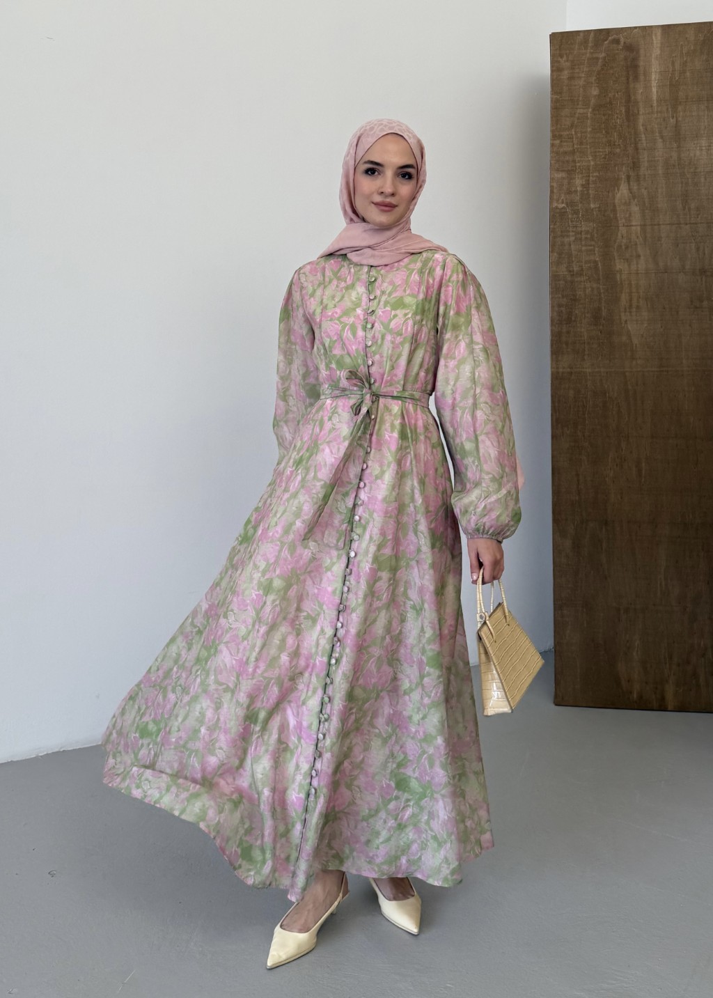 Floral Elbise Pembe 