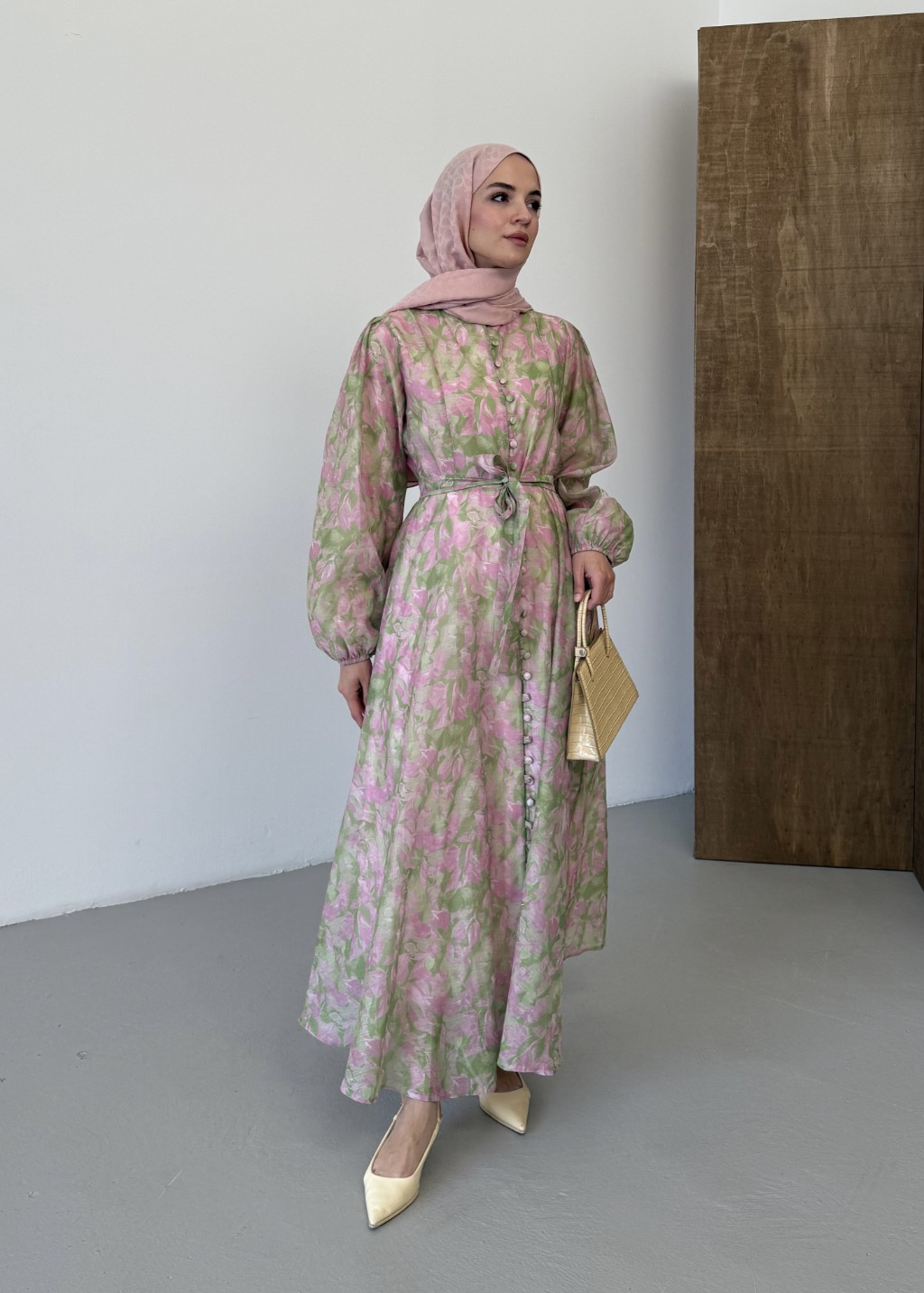 Floral Elbise Pembe 