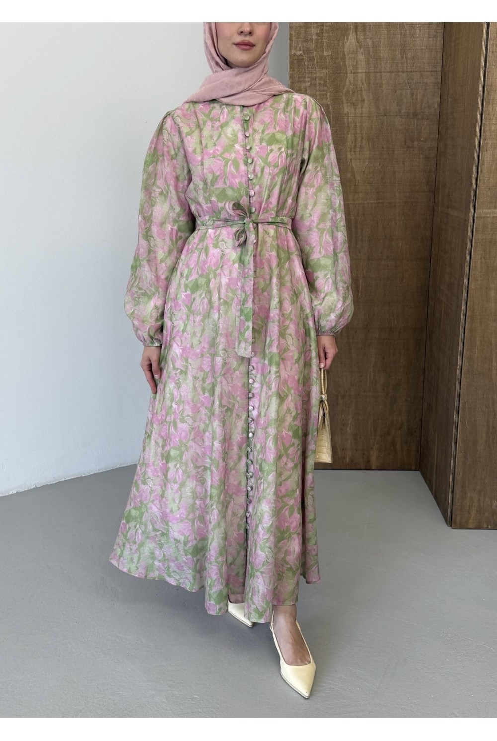 Floral Elbise Pembe 