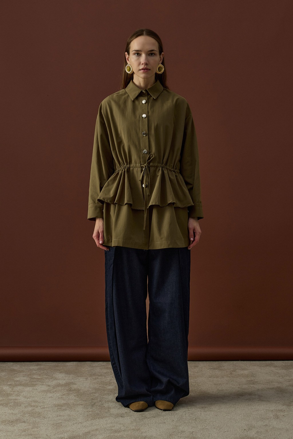 Gold Düğmeli Volan Ceket Haki