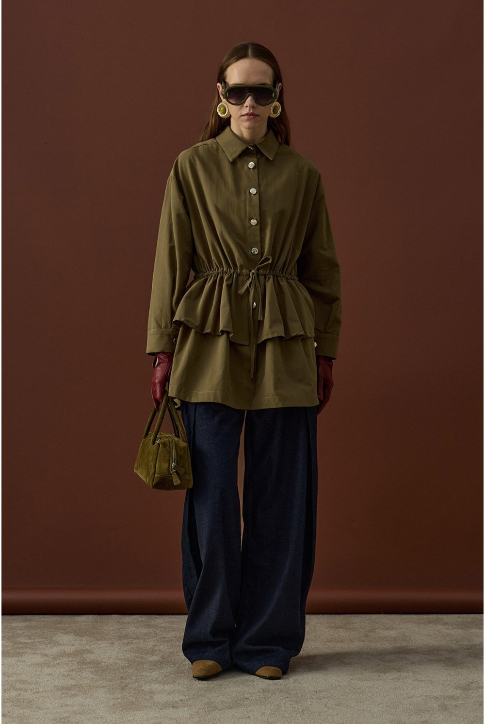 Gold Düğmeli Volan Ceket Haki