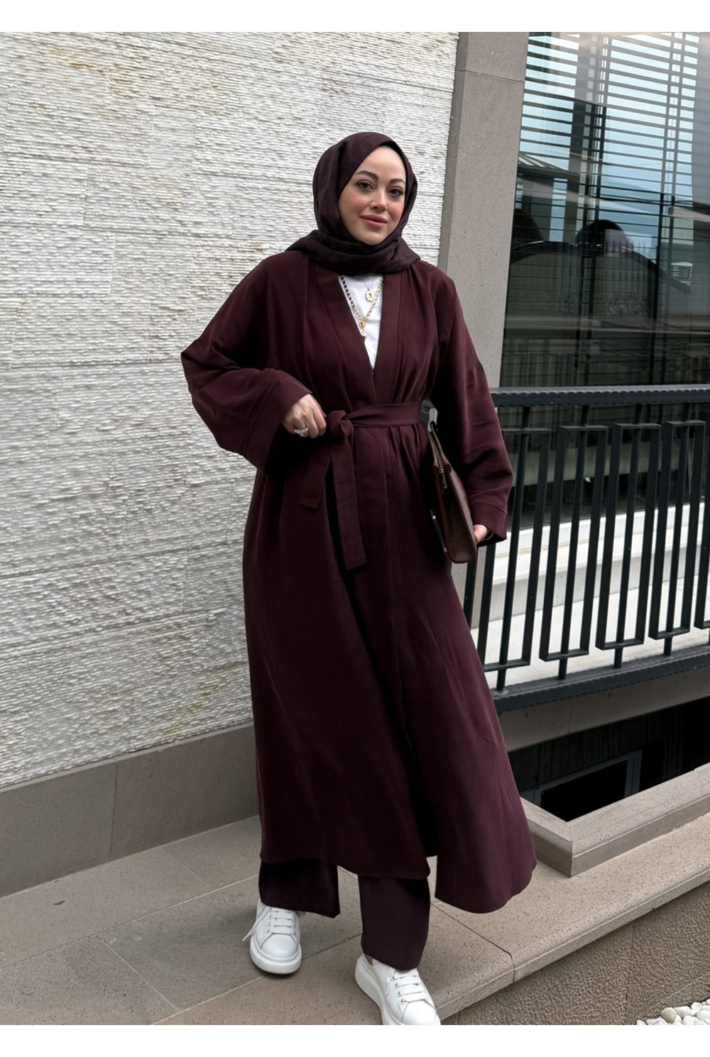 Modal Uzun Kimono Ferace Takım Bordo