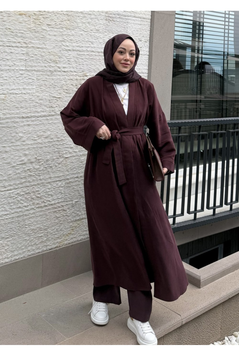 Modal Uzun Kimono Ferace Takım Bordo