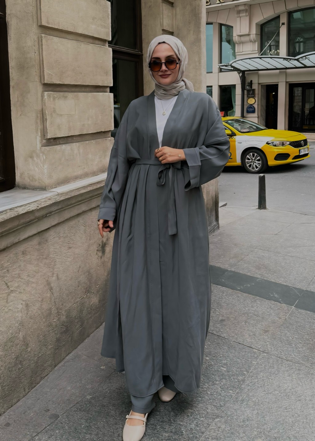 Modal Uzun Kimono Ferace Takım Gri 