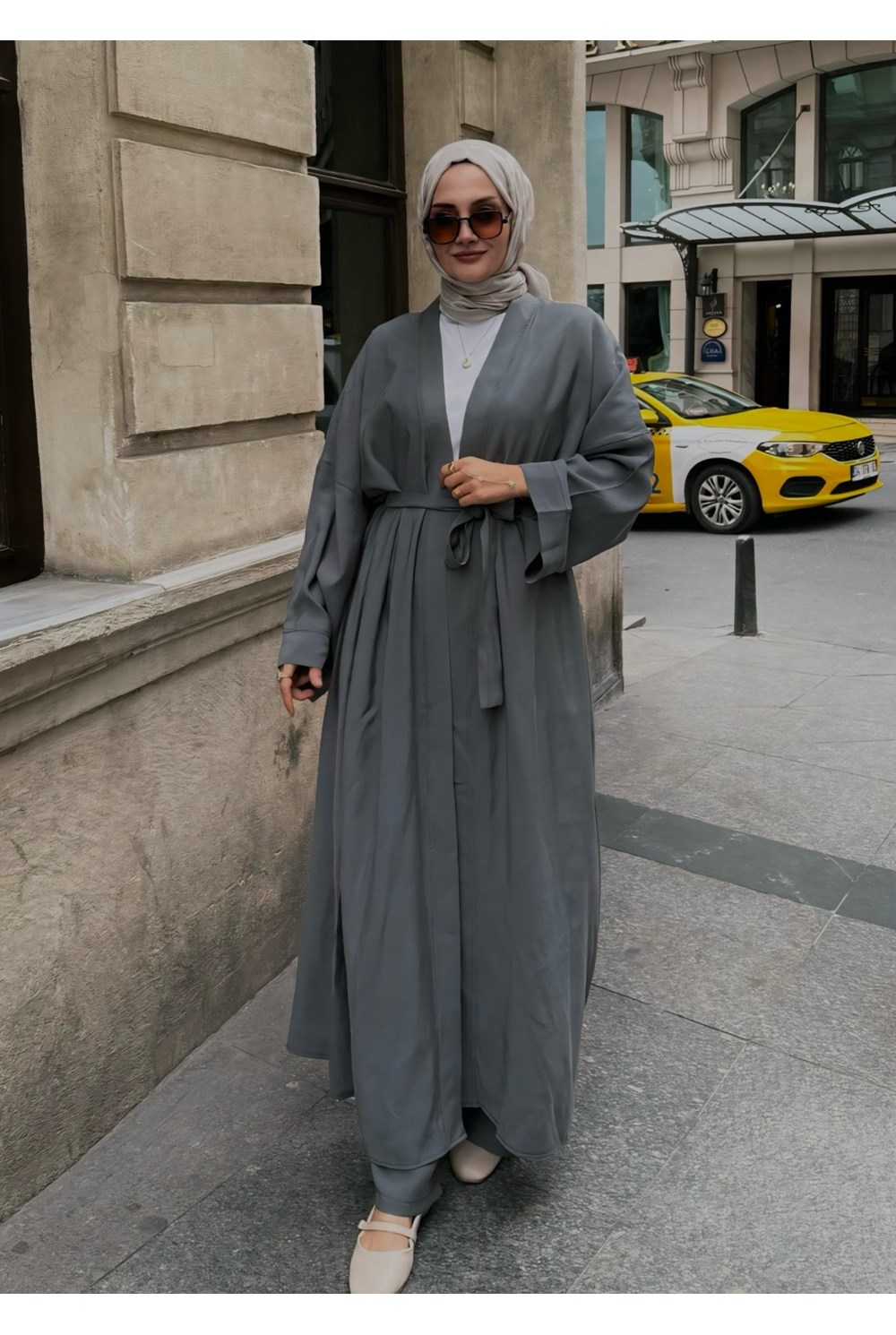 Modal Uzun Kimono Ferace Takım Gri 