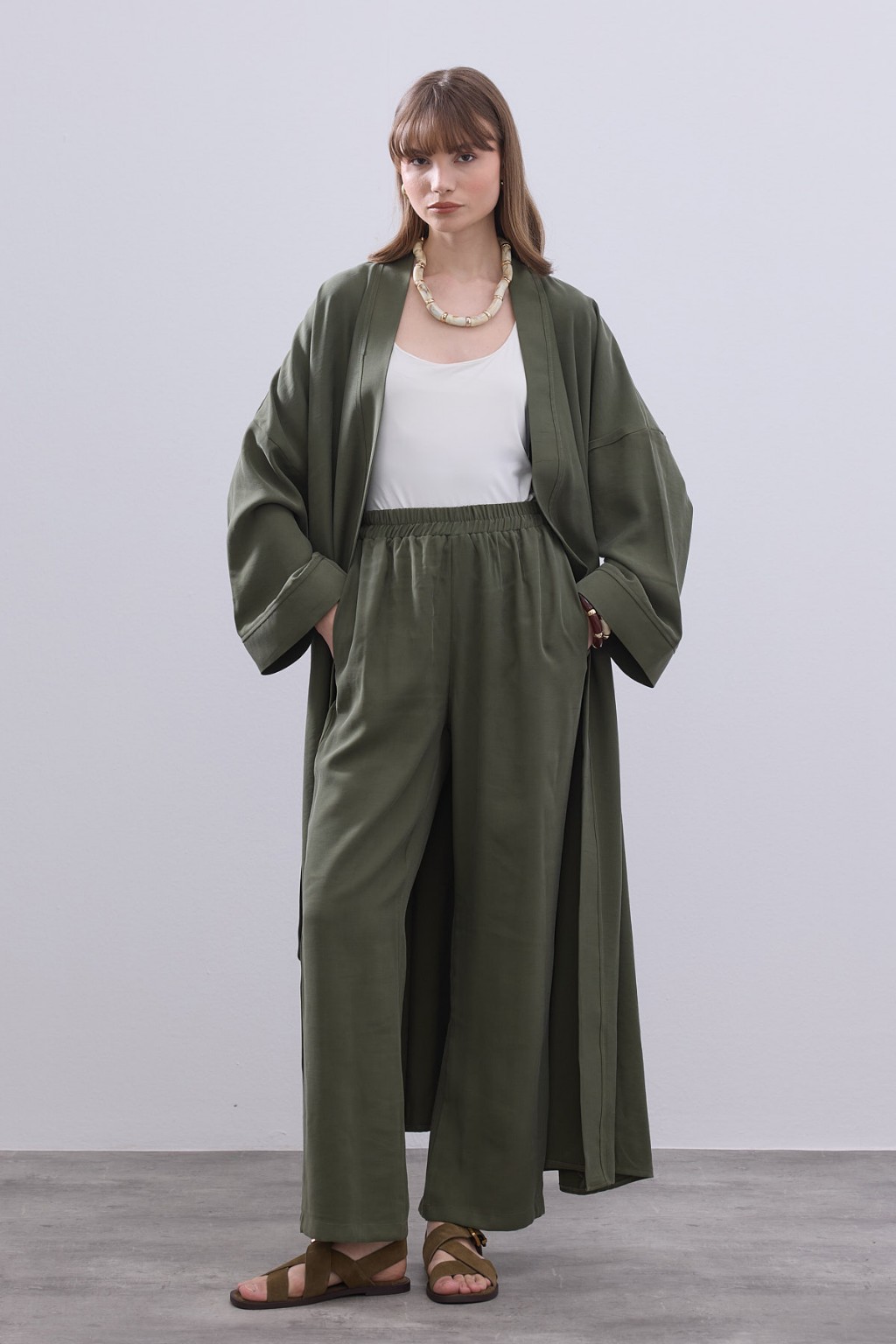 Modal Uzun Kimono Ferace Takım Haki