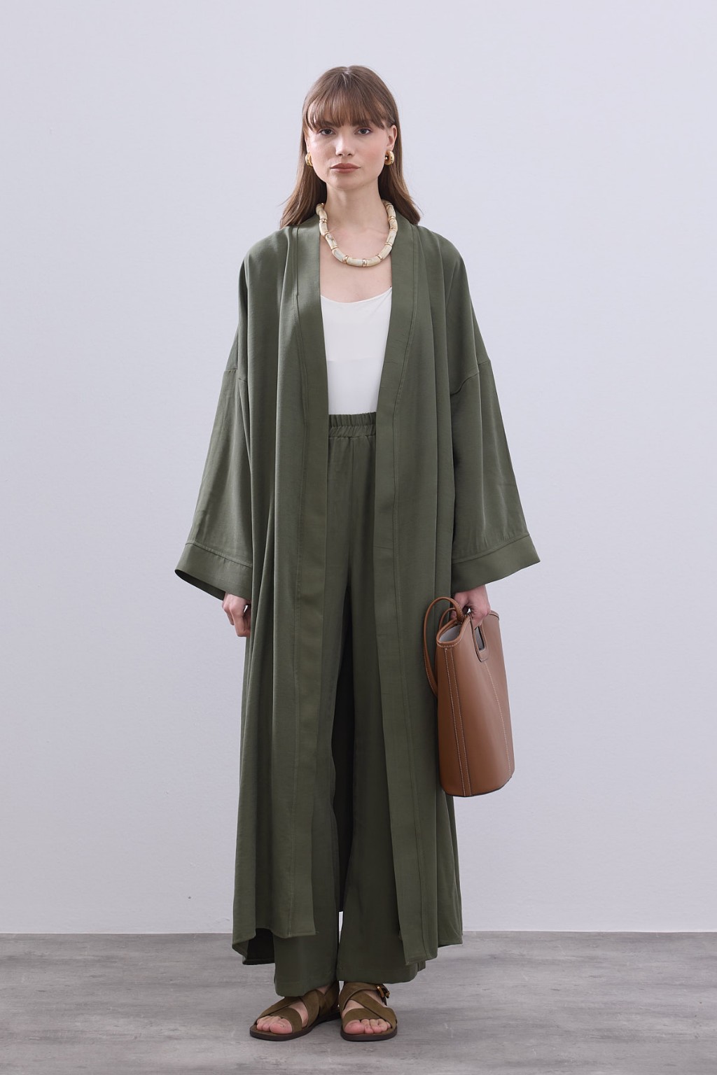 Modal Uzun Kimono Ferace Takım Haki