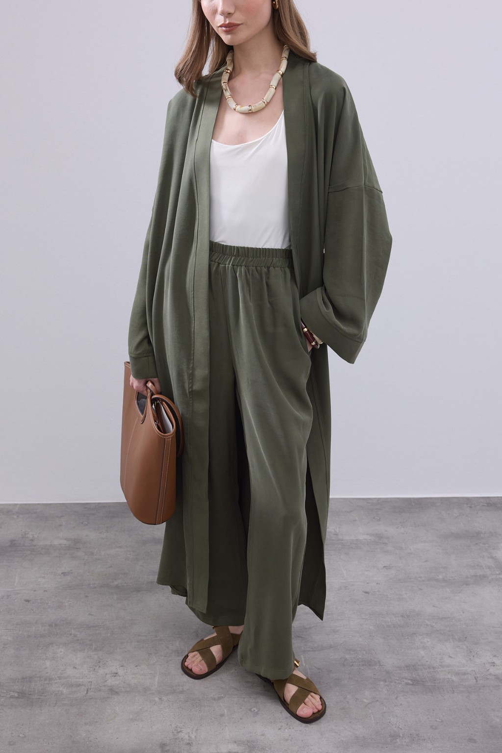 Modal Uzun Kimono Ferace Takım Haki