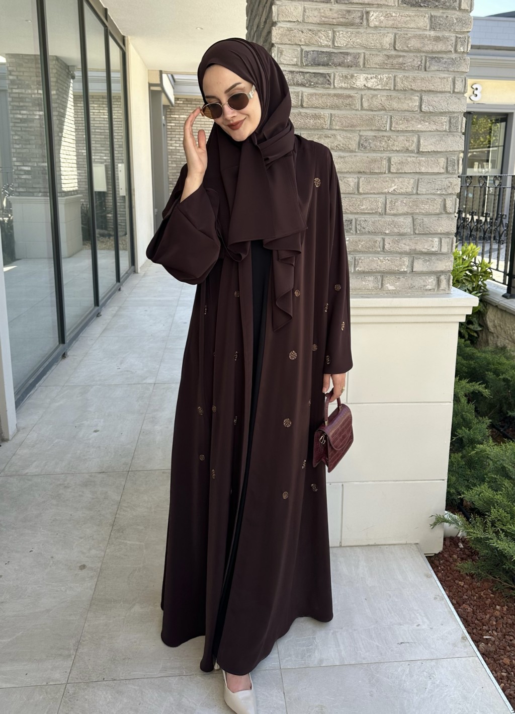 Naira Abaya Kahverengi Küçük Desen 
