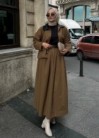 Büzgülü Pamuk Etek Haki 